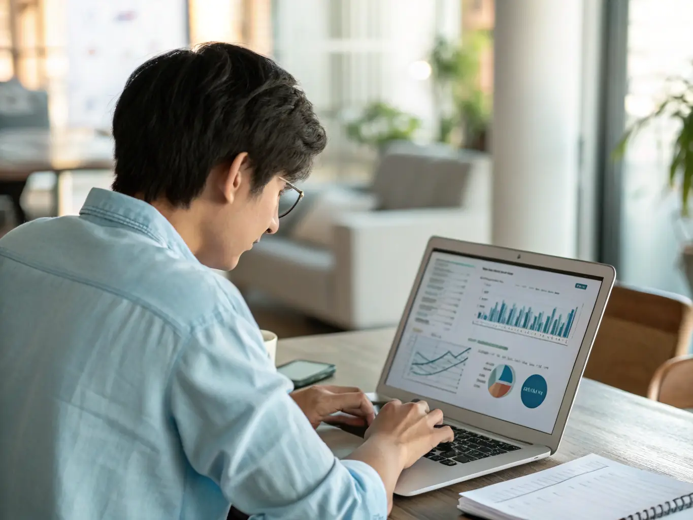 A person creating a career plan on a laptop, with AI assistant icons floating around, symbolizing the AI's help in planning.