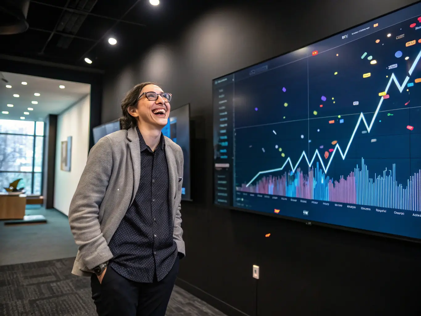 A person celebrating their career success, with AI coach congratulating them.